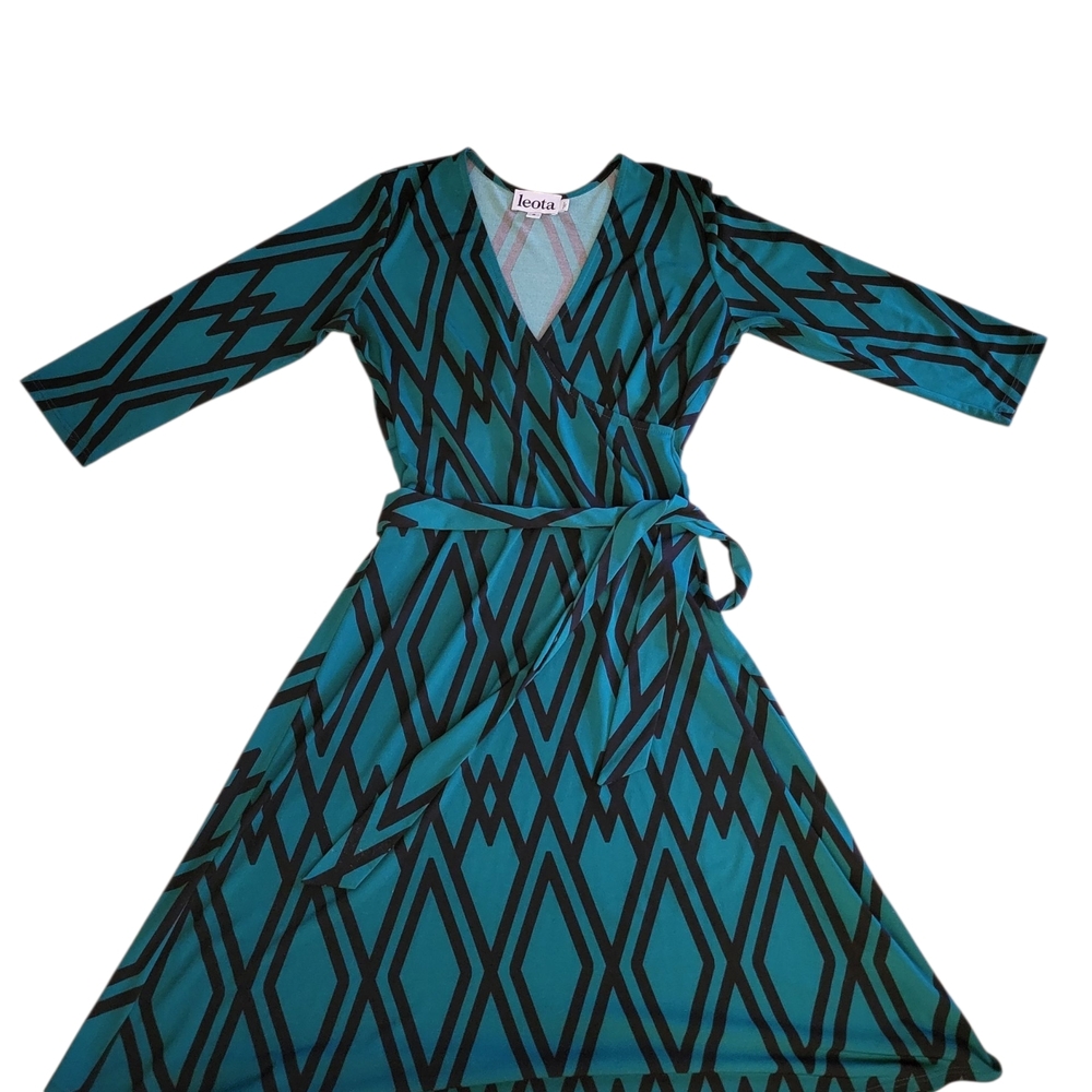 Leota Teal and Black Long Sleeve Wrap Dress